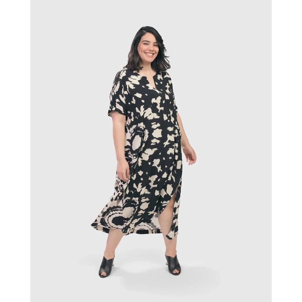Alembika Breezy Maxi Dress Tribal Black Cream Abstract Lagenlook Women 2 US 8-10